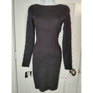 By & By Black Ribbed Open-Pearl-Sleeve Bodycon Knee-Length Sweater Dress M